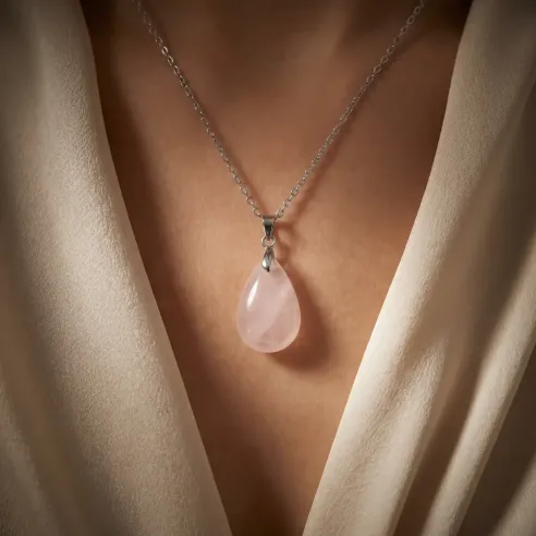 Pendentif Sanaé Quartz Rose – Petite Goutte d’Amour & Douceur