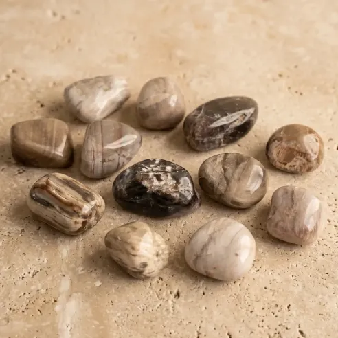 Pierre roulée en bois fossil – Ancrage et connexion