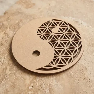 Plaque de Rechargement Fleur de Vie Yin et Yang – Bois Sculpté 10 cm