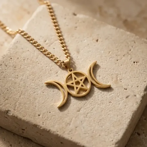 Pendentif triple lune Wicca – Bijou ésotérique en acier