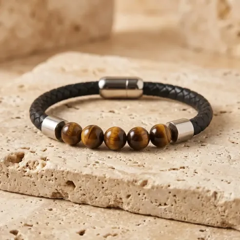 Bracelet cuir et Oeil de Tigre – Protection & Confiance