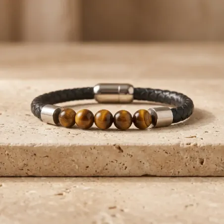 Bracelet cuir et Oeil de Tigre – Protection & Confiance