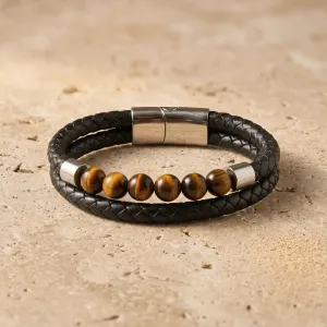Bracelet en Cuir et Oeil de Tigre – Force & Clarté solaire