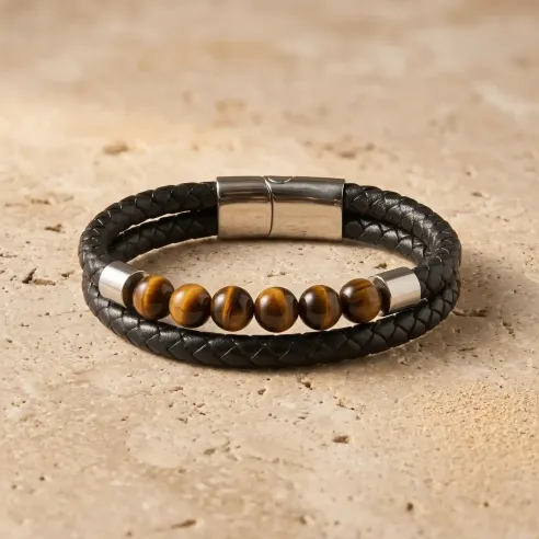 Bracelet en Cuir et Oeil de Tigre – Force & Clarté solaire