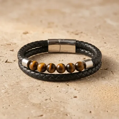 Bracelet en Cuir et Oeil de Tigre – Force & Clarté solaire