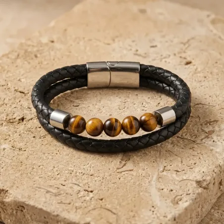 Bracelet en Cuir et Oeil de Tigre – Force & Clarté solaire