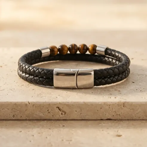 Bracelet en Cuir et Oeil de Tigre – Force & Clarté solaire