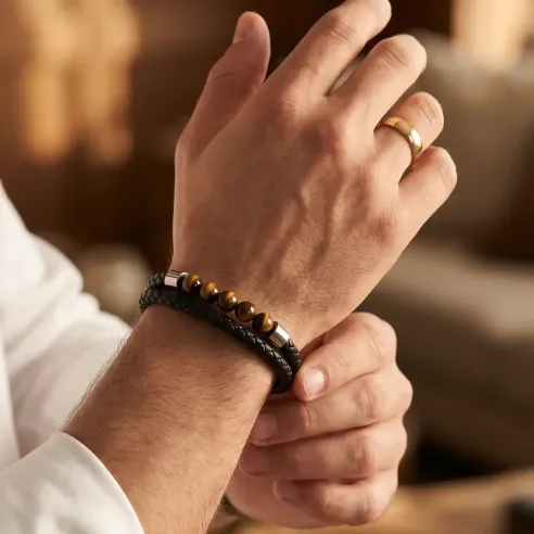 Bracelet en Cuir et Oeil de Tigre – Force & Clarté solaire