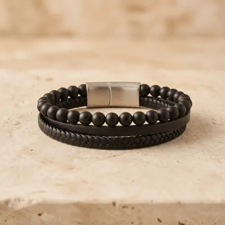 Bracelet Homme Cuir et Onyx – Élégance & Ancrage