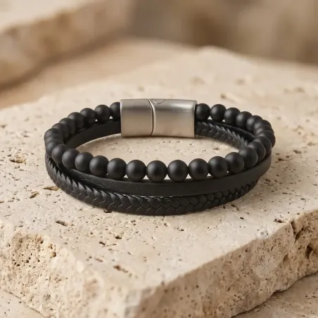 Bracelet Homme Cuir et Onyx – Élégance & Ancrage