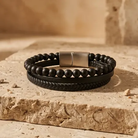 Bracelet Homme Cuir et Onyx – Élégance & Ancrage