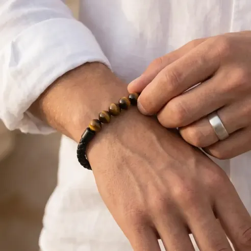 Bracelet cuir et Oeil de Tigre noir– Protection & Confiance