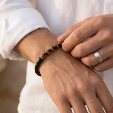 Bracelet cuir et Oeil de Tigre noir– Protection & Confiance