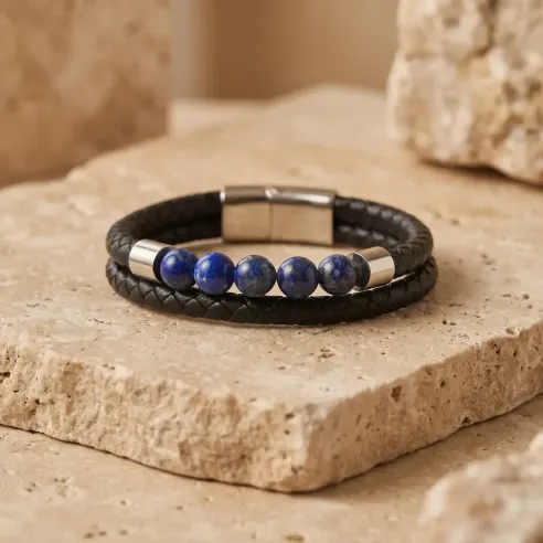 Bracelet double cuir et Lapis-Lazuli – Intuition ancrée