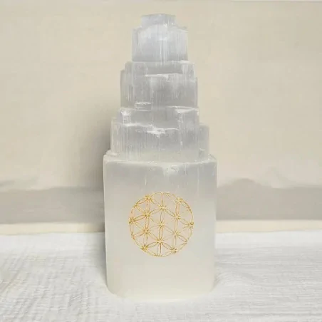 Lampe Sélénite Montagne avec Fleur de Vie dorée – Lumière sacrée