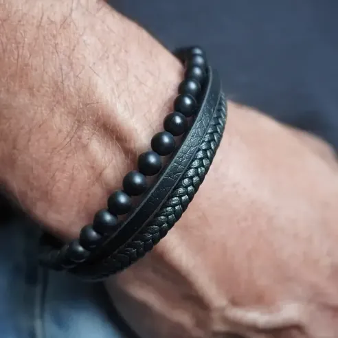 Bracelet Homme Cuir et Onyx – Élégance & Ancrage