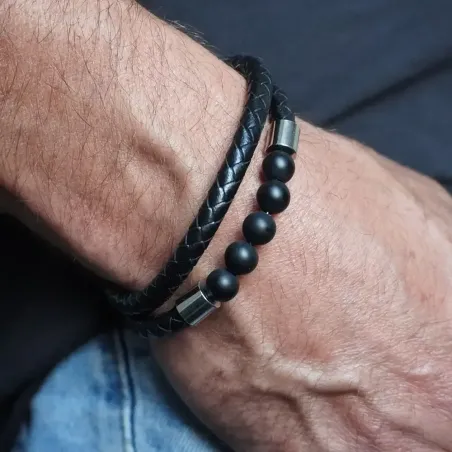 Bracelet Cuir et Onyx – Élégance Ancrée & Protection