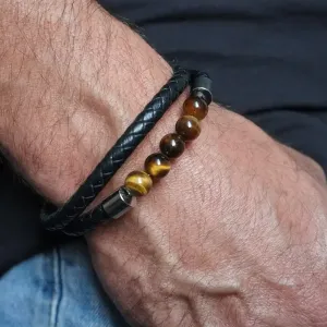 Bracelet en Cuir et Oeil de Tigre – Force & Clarté solaire