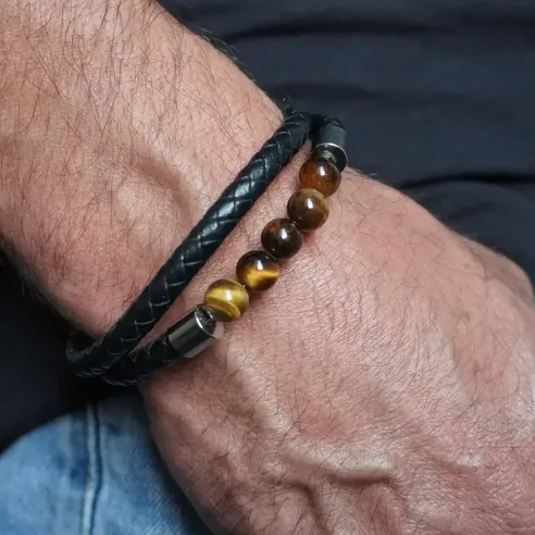 Bracelet en Cuir et Oeil de Tigre – Force & Clarté solaire