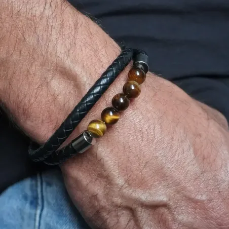 Bracelet en Cuir et Oeil de Tigre – Force & Clarté solaire