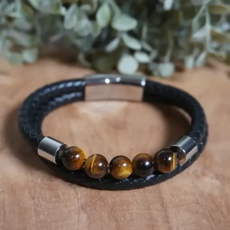 Bracelet en Cuir et Oeil de Tigre – Force & Clarté solaire