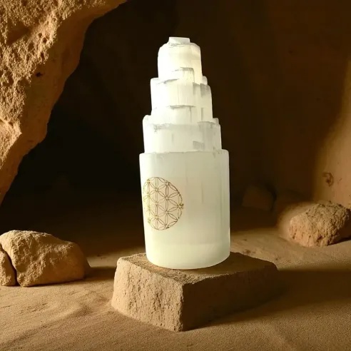 Lampe Sélénite Montagne avec Fleur de Vie dorée – Lumière sacrée