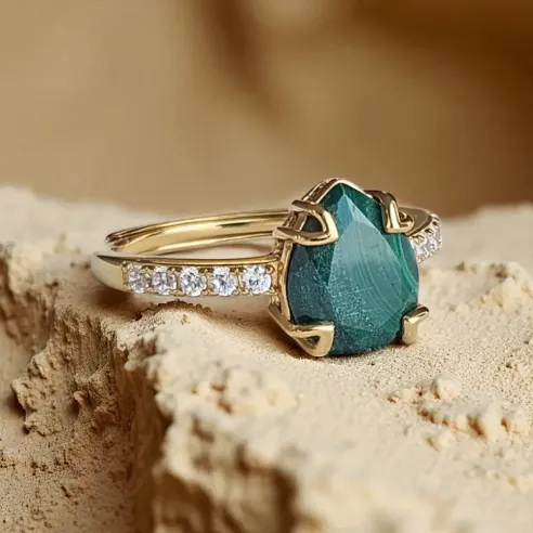Bague Argent 925 & Malachite goutte plaqué or magnifique