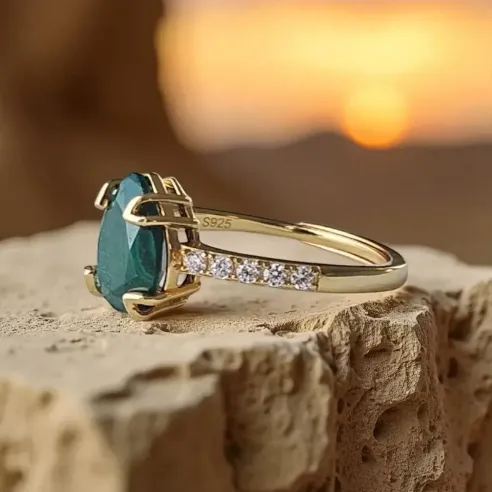 Bague Argent 925 & Malachite goutte plaqué or magnifique