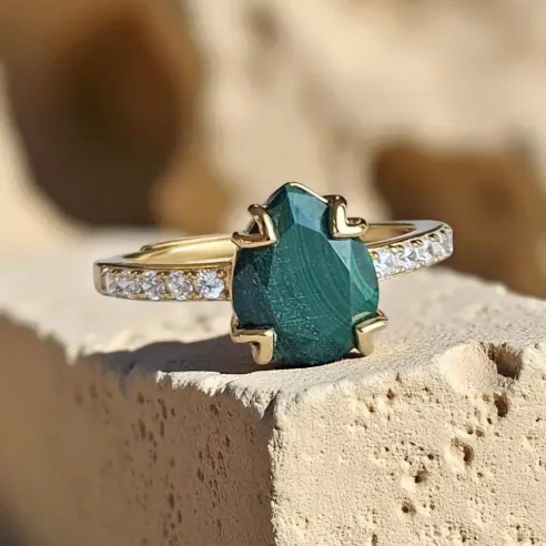 Bague Argent 925 & Malachite goutte plaqué or magnifique