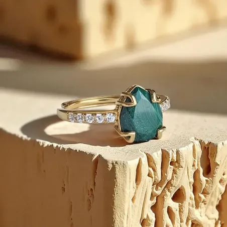 Bague Argent 925 & Malachite goutte plaqué or magnifique