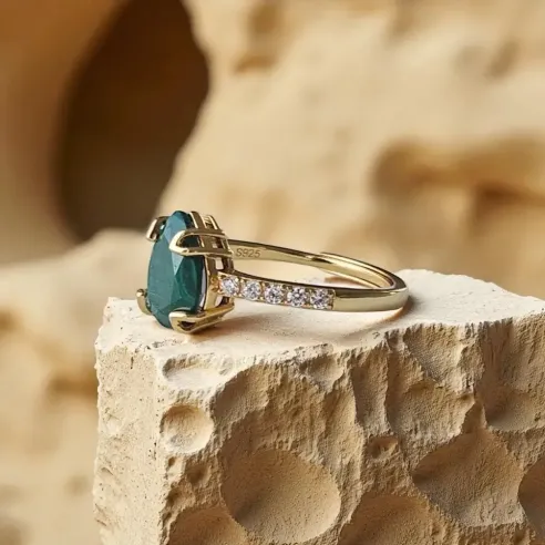 Bague Argent 925 & Malachite goutte plaqué or magnifique