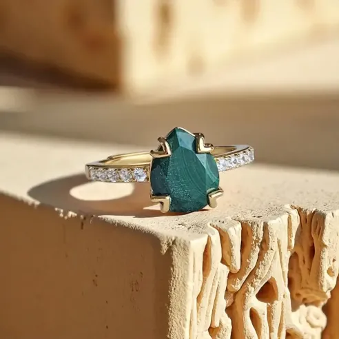 Bague Argent 925 & Malachite goutte plaqué or magnifique