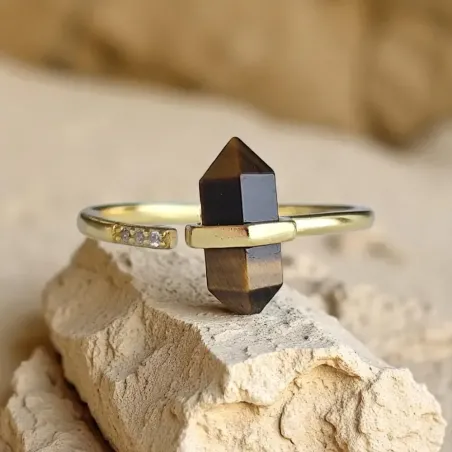 Bague Oeil de Tigre Pointe Dorée Argent 925 - courage force