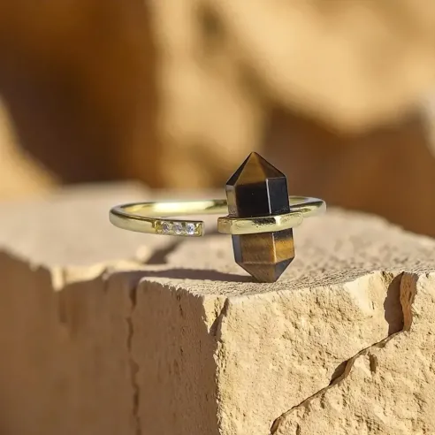 Bague Oeil de Tigre Pointe Dorée Argent 925 - courage force