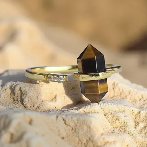 Bague Oeil de Tigre Pointe Dorée Argent 925 - courage force