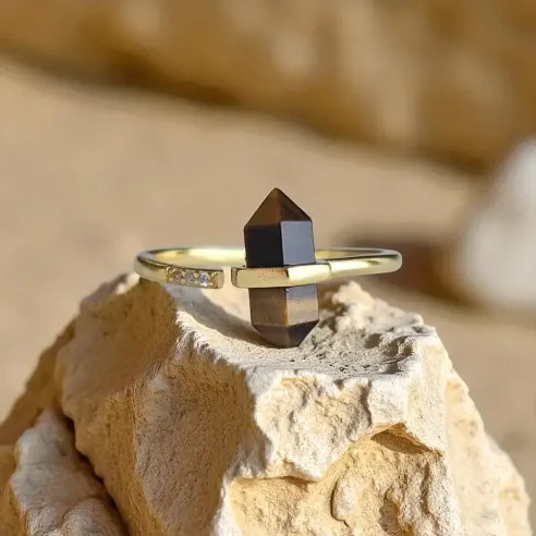 Bague Oeil de Tigre Pointe Dorée Argent 925 - courage force