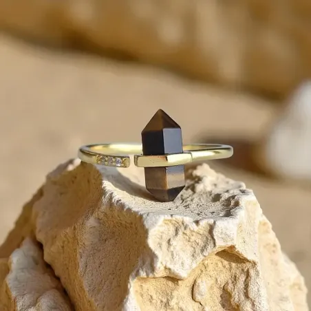 Bague Oeil de Tigre Pointe Dorée Argent 925 - courage force
