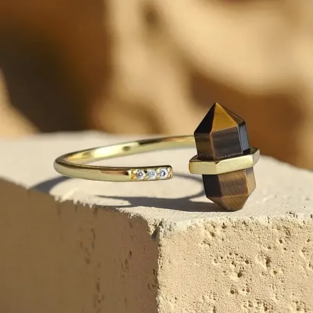 Bague Oeil de Tigre Pointe Dorée Argent 925 - courage force