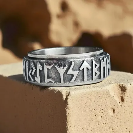 Bague Runique Argentée Rotative – Sagesse et protection nordique