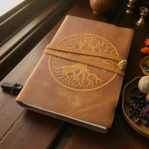 Grimoire Arbre de Vie camel – pages recyclées non lignées