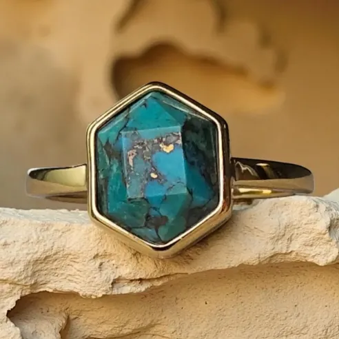 Bague Turquoise Hexagonale Argent – Bijou Sérénité