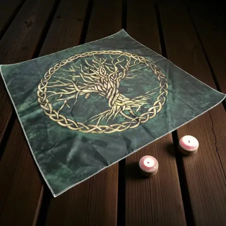 Grand Tapis de voyance Arbre de vie vert et doré