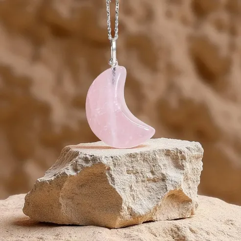 Pendentif Lune en Quartz Rose – Amour & Douceur sacrée