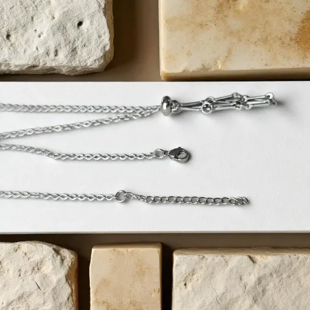 Collier pierre roulée – Acier inox argenté réglable