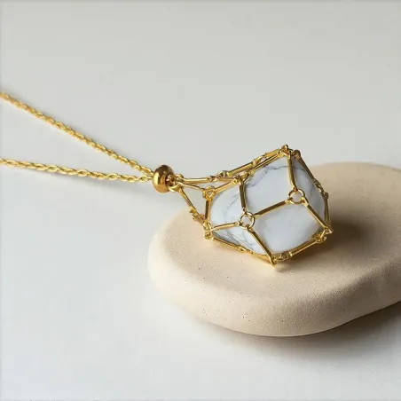 Collier pierre roulée – Acier inox doré réglable