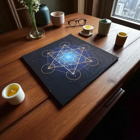 Tapis de Voyance Métatron Bleu et Doré – Élégance et Énergie Sacrée