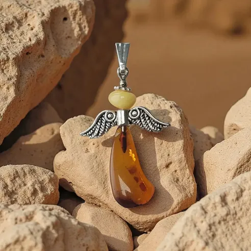 Pendentif Ange Ambre Argent – Douceur & Protection Divine