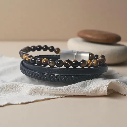 Bracelet Cuir et Oeil de Tigre – Protection & Confiance