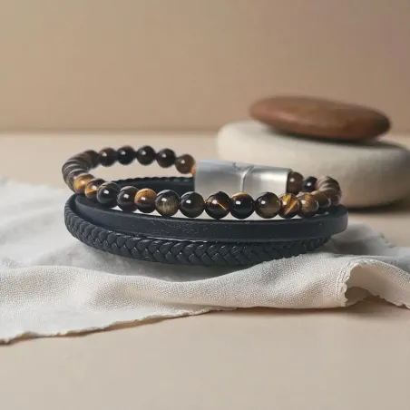 Bracelet Cuir et Oeil de Tigre – Protection & Confiance