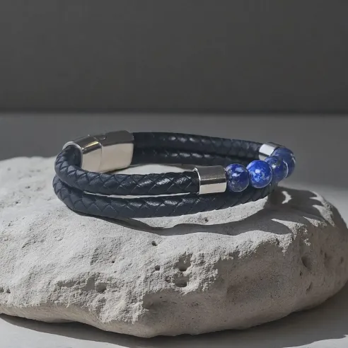 Bracelet double cuir et Lapis-Lazuli – Intuition ancrée